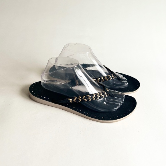 UGG Black Gold Textile Leather Rubber Outsole Flip Flops size 10 - Picture 1 of 14